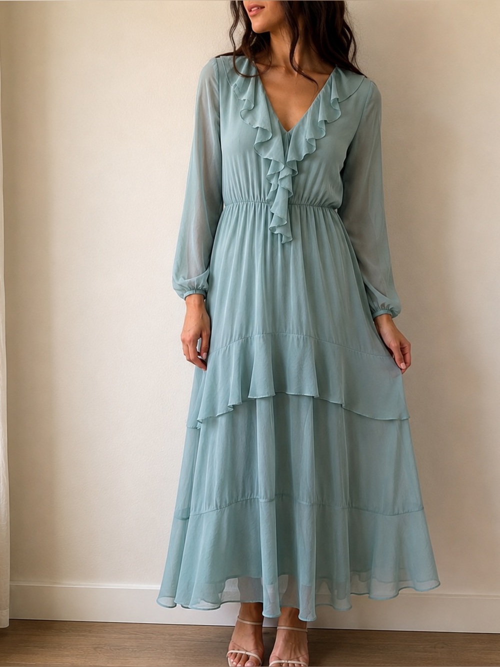 Ann Taylor Sage Blue Ruffle Tiered Maxi Dress Size S Fairycore Romantic